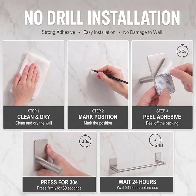 Adhesive Towel Bar 9-inch, Stick On Bath Towel Rack, Hand Towel Holders, No Drilling on Wall - Brushed Nickle