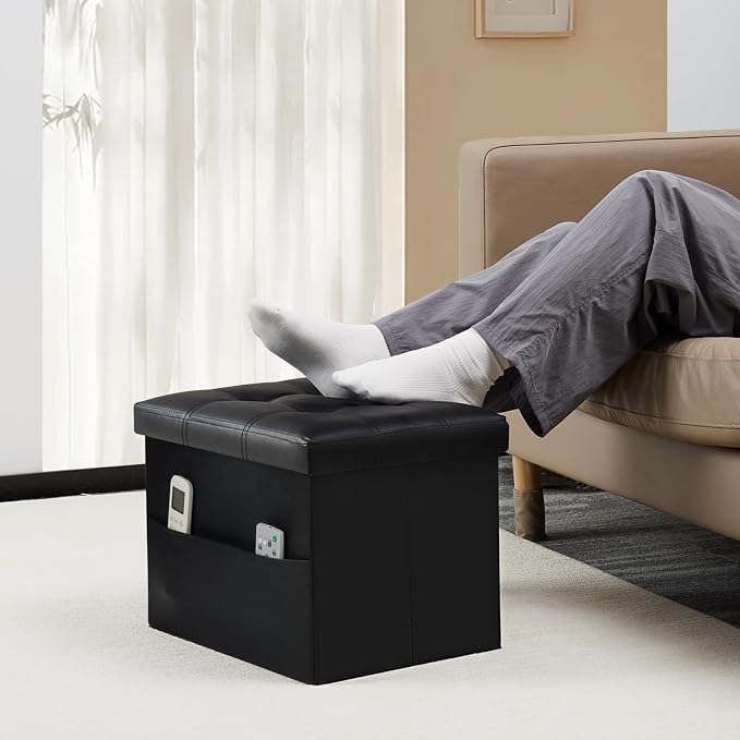 Bsketa Storage Ottoman Bench,16 Inch Folding Leather Foot Rest Stool, Black | Small Ottoman with Side Pockets, Thicker Foam Padded Seat, Livingroom, Dorm, Bedroom, Easy to install, 38L,16x12x12in