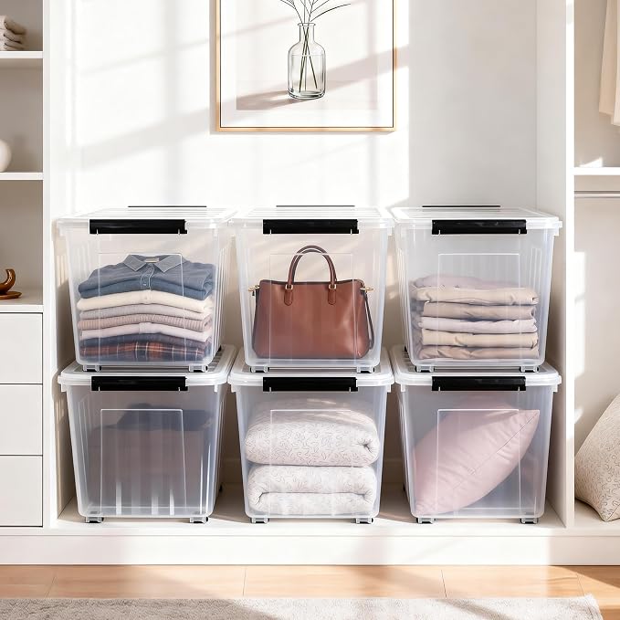 Citylife 82 Quart Large Clear Plastic Storage Bins with Lids 6-Pack | Stackable, Secure latching lids, Easy Find, Clothes Storage Bins for Closet Bedroom Garage