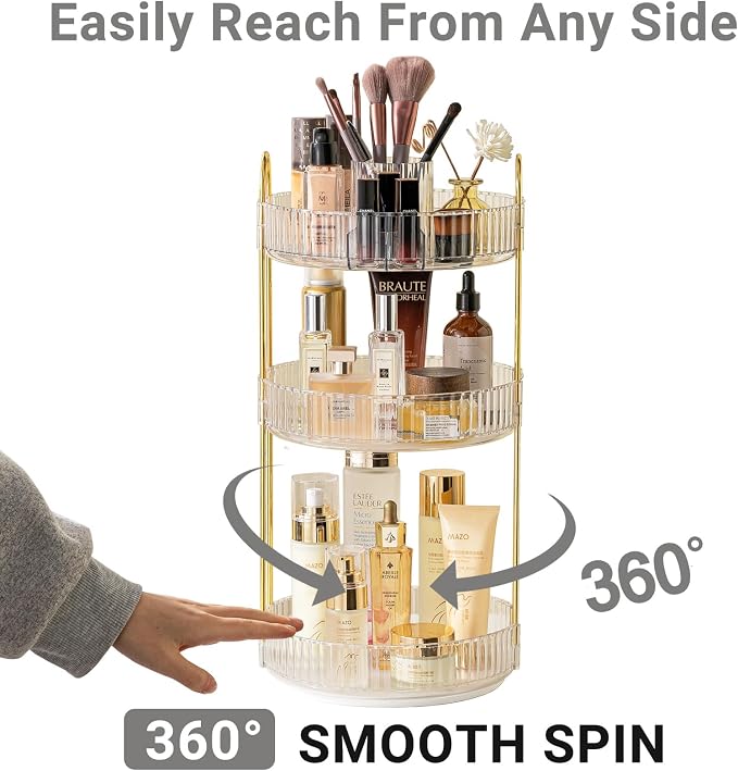 Asayuee 360 Rotating Makeup Organizer,3 Tier Large Capacity Make Up Organizers and Storage,Skincare Perfume Vanity Organizers,Bathroom Cosmetics Storage Organizer Countertop(Clear)