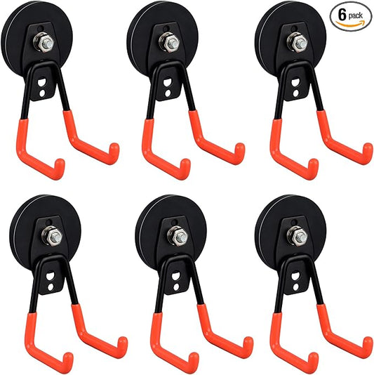 ULIBERMAGNET Heavy Duty Magnetic Garage Hooks,6 Pack Strong Large Magnet Hooks for Power Drill,Garden Tools,Hose,Pegboard,Garage, Workshop,Magnetic Storage Hook for Indoor Outdoor Hanging(Orange)