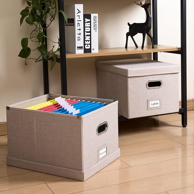 File Organizer Box - Set of 4 Collapsible Decorative Linen Filing Storage Hanging File Folders with Lids Office Cabinet Letter/Legal Size Light Grey (17x14x11.2 inch)