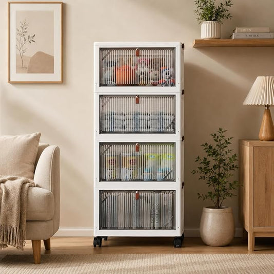 4-Tier 20QT Stackable Storage Bins with Lids, 81QT(4 * 20QT) Foldable Storage Cabinet Organizer with Transparent Front Doors & Wheels,for Toys, Clothes, Books, Bedroom,Nursery, Living Room