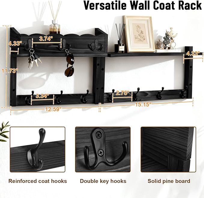 28" Coat Rack Wall Mount with Shelf with 7 Hooks 3 Key Hanger | Entryway Key Holder Wall Mount Wood Wall Coat Hooks, Wall Mounted Coat Rack Mail Holder for Living Room, Bedroom