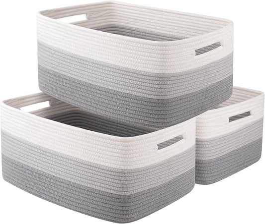 OIASKET Large Storage Basket for Organizing, Woven Rope Basket for Shelves, Closet Organizer Bins for Clothes, Blanket, Toys, Baby Nursery Storage, 17.7" x 13" x 7.87", 3 Packs Gradient Grey