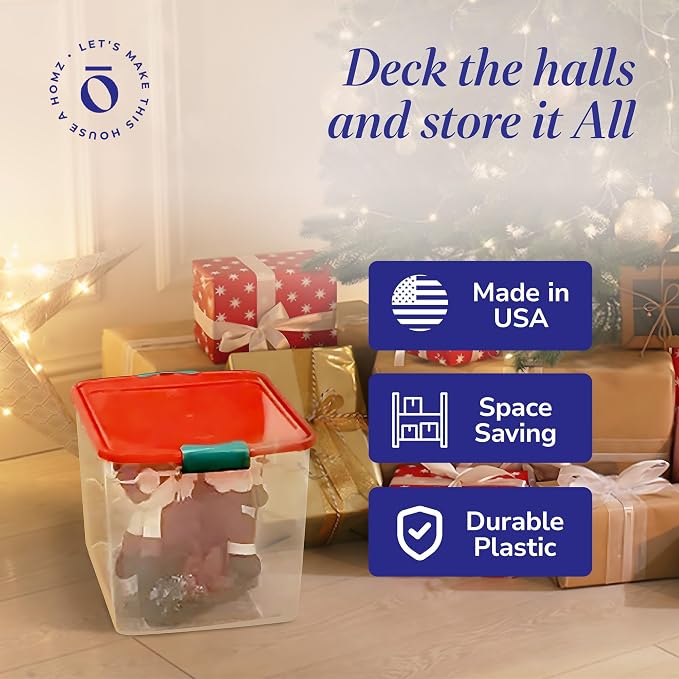 HOMZ Holiday Clear Plastic Storage Container with Latching Handles | Large Stackable Organization Container for Home, Garage, and Office Organization