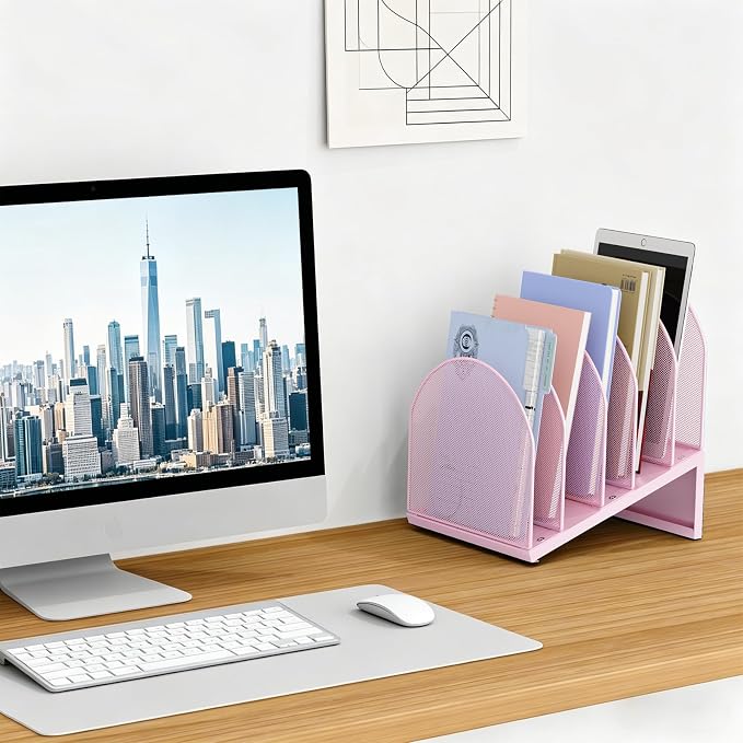 gianotter Desktop File Organizer, Desk Organizer with 5 Compartments, Paper Organizer for Desk, Workspace Organizers for Office Supplies (Pink, Inclined Style)