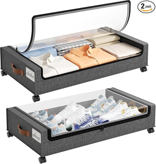 Yecaye Under Bed Storage with Wheels, 2 Pack Under the Bed Storage Containers with Lids & Label, XXL 60 L Rolling Underbed Storage Drawers for Clothes, Blankets, Shoes, Hemp Gray