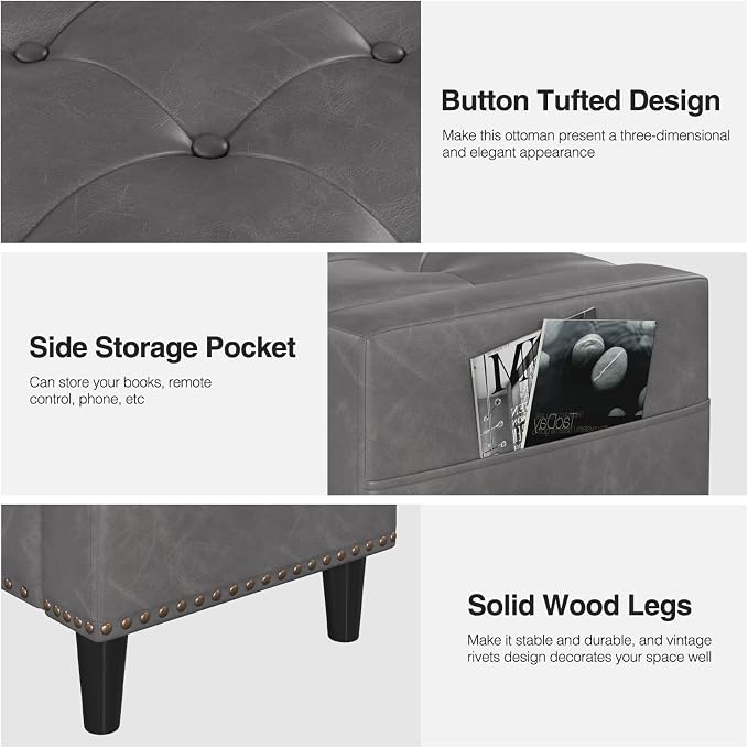 60" Storage Ottoman Bench, Faux Leather Upholstered Bed Bench with Tufted Buttons and Nailhead Trim, Large Ottoman with Storage for King Size End of Bed, Bedroom, Entryway, Hallway (Grey)