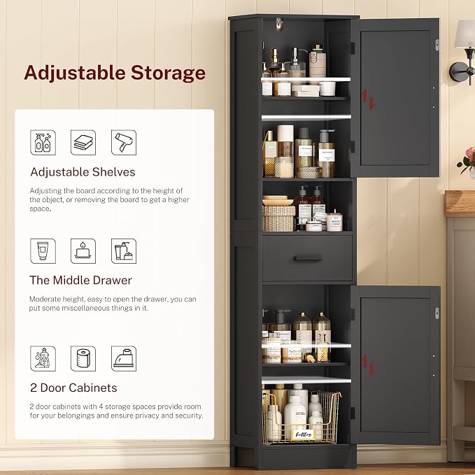 Tall Bathroom Storage Cabinet with Barn Doors, Narrow Bathroom Cabinet with Drawer, Narrow Storage Unit, Adjustable Shelves, Floor Cabinets for Living Room, Entryway, Kitchen, Black