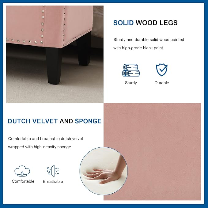 Storage Ottoman Bench, Velvet Upholstered Footstool for Bedroom and Living Room, Frosted Flannel Seat with Storage, Wooden Legs & Metal Rivets, Pink