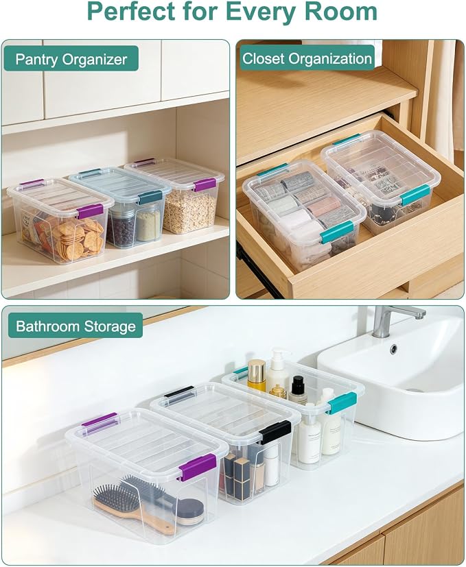 Storage Bins with Lids 6 Pack Clear Storage Containers, 7 Quart Stackable Plastic Containers with Secure Buckle Latch, Durable Storage Box Organizer for Pantry, Closet, Office & Classroom, Blue