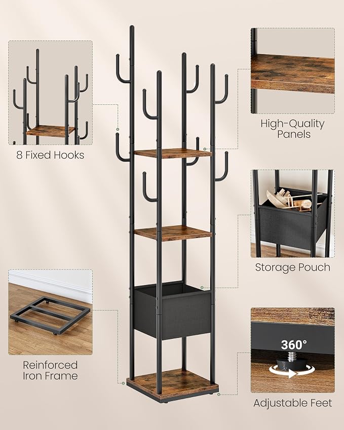 Coat Rack Freestanding, Coat Rack with 3 Shelves, 8 Hooks and 1 Fabric Pouch, Square Coat Hanger Stand, Metal Clothes Tree for Living Room, Bedroom, Entryway, Rustic Brown and Black TYM03BF