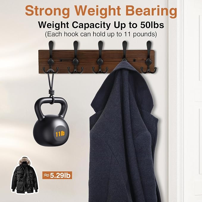 Wooden Coat Rack Wall Mount Heavy Duty, 2 Pack Coat Hanger Wall Mount with 5 Triple Hooks for Clothes, Jacket, Hat, Keys, Space Saving Entryway Organizer for Mudroom (‎Brown Plate & Black Hooks)