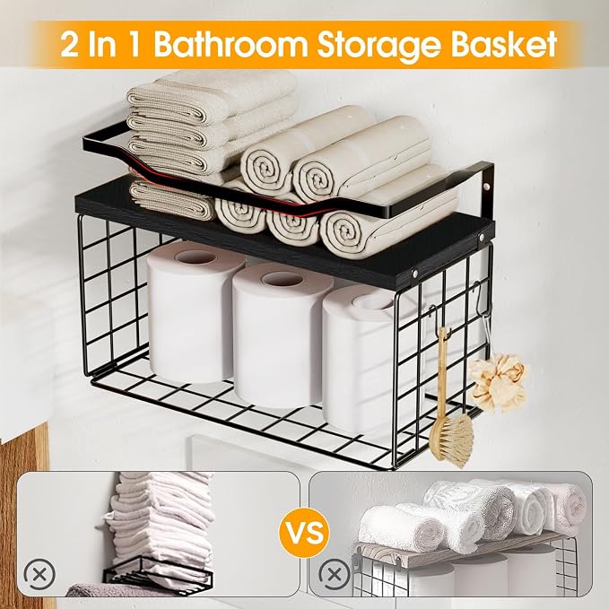 Towel Racks for Bathroom,Towel Rack Wall Mounted, 6 Tier Rolled Or Folded Towel Holder with Floating Shelves, Bathroom Towel Holder for Bath, Hand Towels,Metal and Wood,Full Black