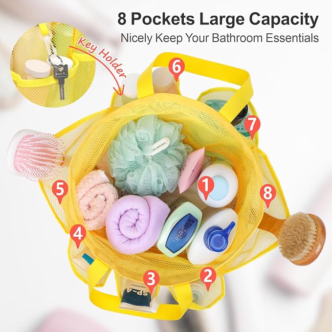 Mesh Shower Caddy Portable with Drawstring - 2-Handle Shower Bag for Dorm | 8 Deep Pockets, S-Hook, Quick-Dry Mesh, College Dorm Room Essentials for Girls, Camping, Gym, Travel, Yellow