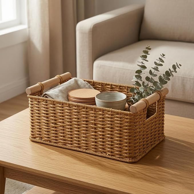 Rectangular Open Top Basket Reinforced Handwoven Rattan Box Decorative, Light Rattan