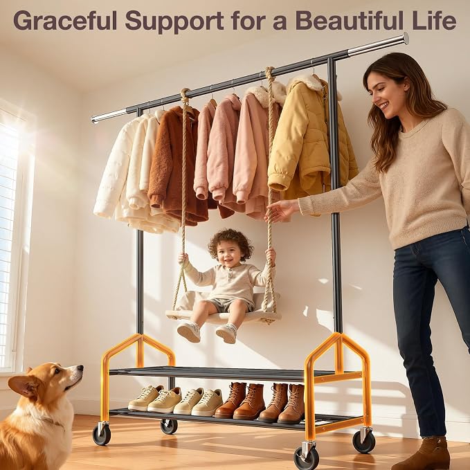 Heavy Duty Clothes Rack, Rolling Clothing Rack Load 650 LBS for Hanging Clothes with 2 Sturdy Shelves, Metal Garment Rack with Wheels for Bedroom, Laundry Room, Retail Store, Black