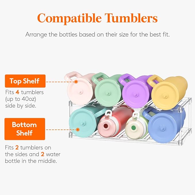 Lifewit Stackable Bottle Storage Organizer, Clear Freestanding Wine Holder for Cabinet, Large Slot Water Bottle Tumbler Cup Organizer for Pantry, Plastic Wine Rack for Fridge Cellar, 2Tier Hold 8