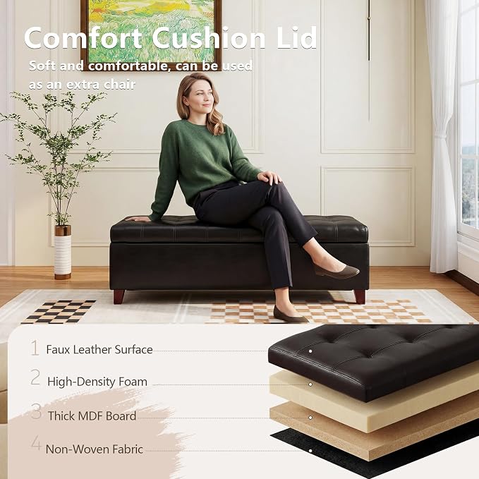 Joveco 51 Inch Storage Bench,Leather Tufted Storage Ottoman with Legs | Safety Hinges,Wooden Legs,Upholstered,End of Bed,Bedroom,Living Room,Entryway,330LBS,Black