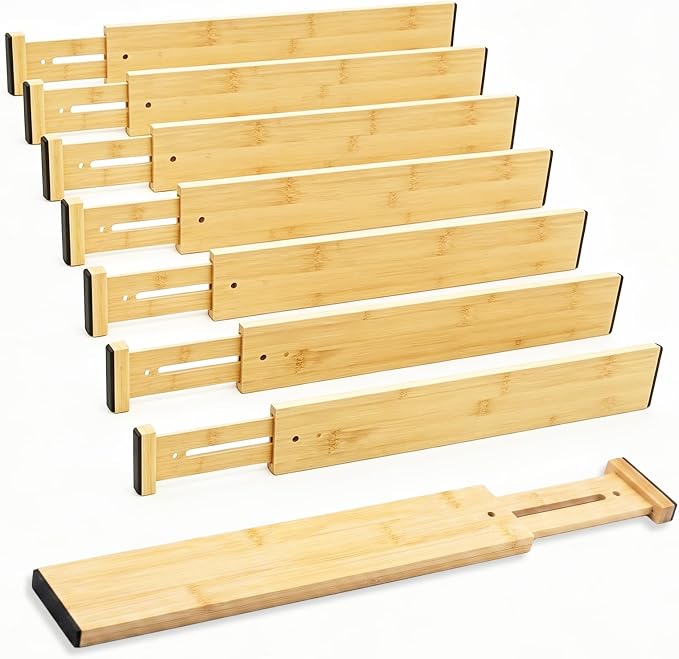 Joyeee Kitchen Drawer Dividers 8 Pack, 16.9-22" Adjustable Bamboo Drawer Organizer, 2.28" High Expandable Utensils Separators for Closet, Dresser, Bathroom, Bedroom