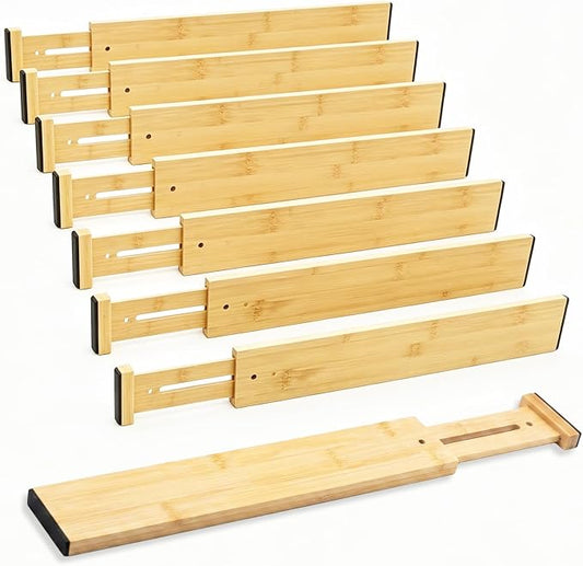 Joyeee Kitchen Drawer Dividers 8 Pack, 16.9-22" Adjustable Bamboo Drawer Organizer, 2.28" High Expandable Utensils Separators for Closet, Dresser, Bathroom, Bedroom