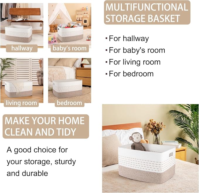OIAHOM 75L Extra Large Blanket Basket, 22”x17”x15” Rectangle Woven Cotton Rope Baskets for Living Room, Toy Storage with Handle- Gradient Light Brown