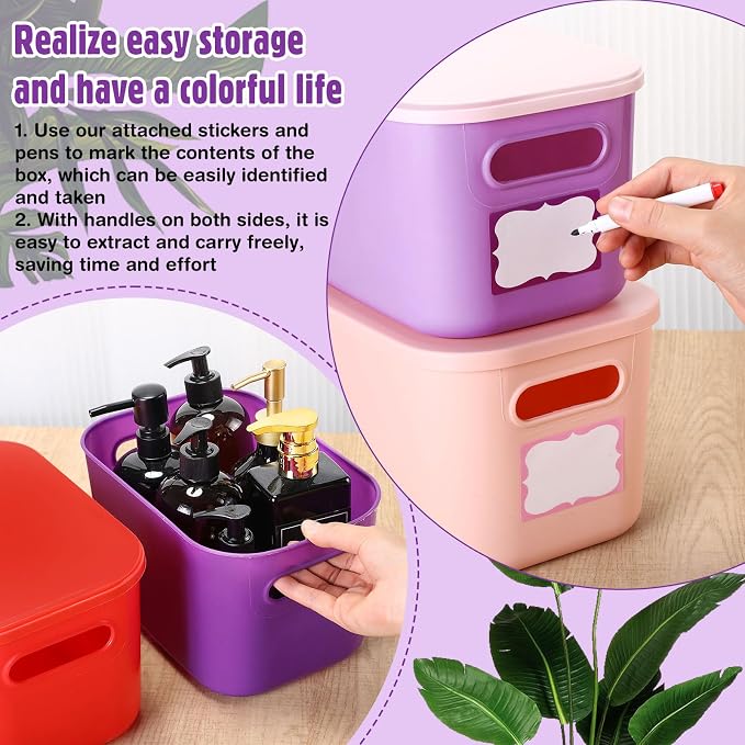 Thyle 12 Pack Richly Colorful Plastic Storage Bins with Lids 7 Quart Toy Storage Box Stackable Nestable Organizer Boxes with Handle and Labels for Classroom Shelf Bedroom Desktop Toys School Supplies