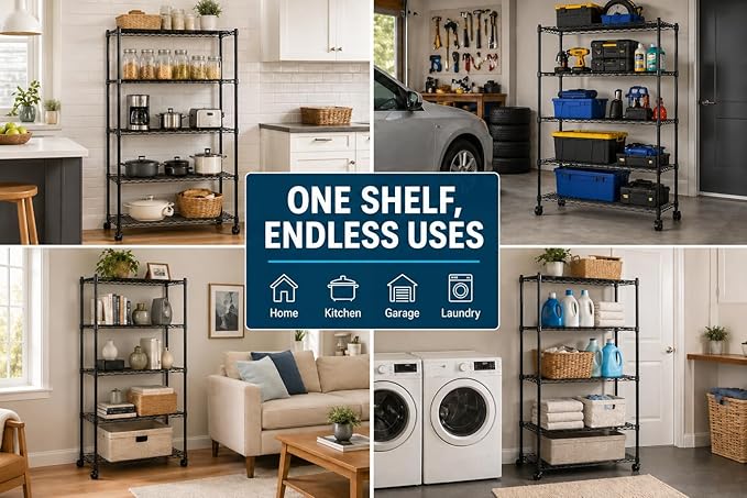 Simple Deluxe 5-Tier Heavy Duty Storage Shelving Unit, 1250 Lbs Loading Capacity, 29.92" W x 13.98" D x 61.02" H, Black
