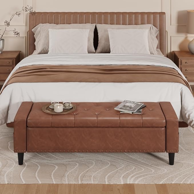 60" Storage Ottoman Bench, Faux Leather Upholstered Bed Bench with Tufted Buttons and Nailhead Trim, Large Ottoman with Storage for King Size End of Bed, Bedroom, Entryway, Hallway (brown)