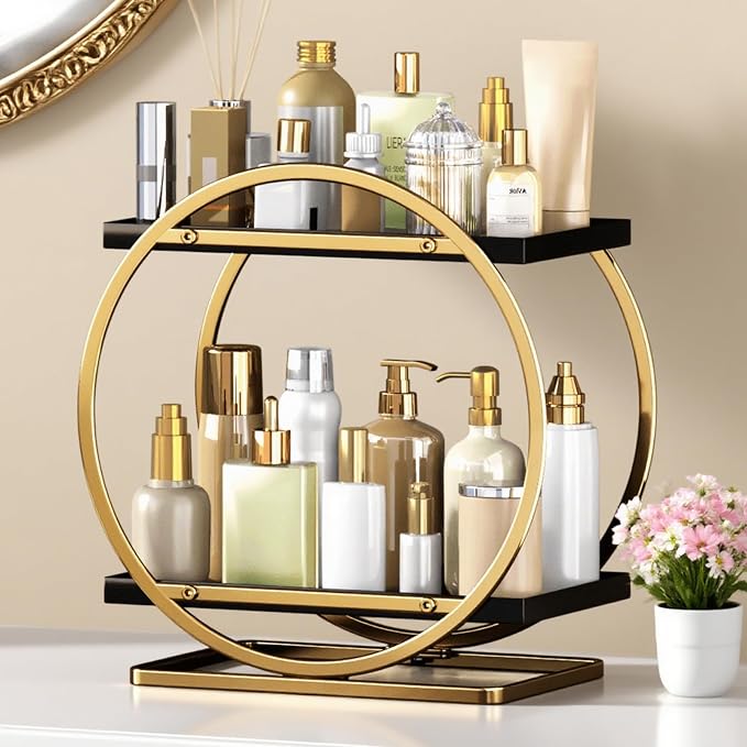 Makeup Organizer Vanity, Black Gold Perfume Organizer for Dresser | 2-Tier Bathroom Counter Organizers, Bathroom Countertop Shelf, Skincare Storage Perfume Stand, Vanity Trays Cosmetic Display