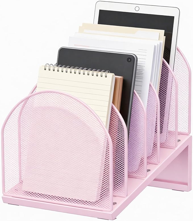 gianotter Desktop File Organizer, Desk Organizer with 5 Compartments, Paper Organizer for Desk, Workspace Organizers for Office Supplies (Pink, Inclined Style)