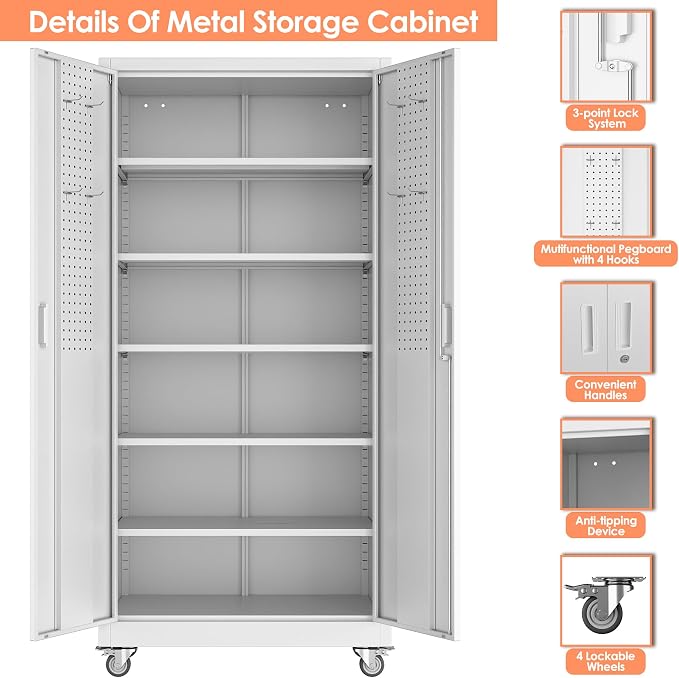 Aobabo 71" White Metal Storage Cabinet with Wheels and Pegboard | 16"D x 32"W x 71"H steel cabinet; lockable doors, 5 adjustable shelves, and wheels for garage, office, pantry.