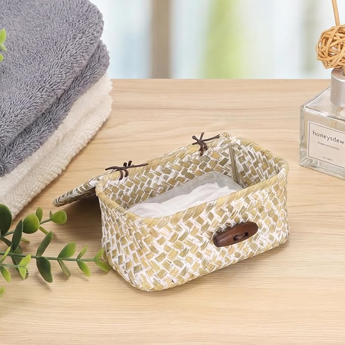 Hipiwe Wicker Shelf Basket Box with Lid Decorative Basket Handwoven Seagrass Storage Organizer Basket Decorative Basket, Whitewas 4.3" x 2.5" x 2.1"