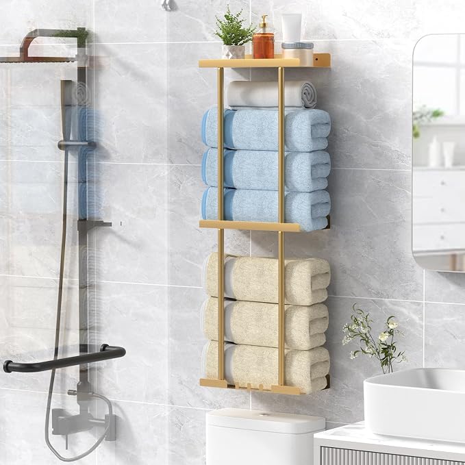 Liuoud Towel Rack for Bathroom, Wall Mounted Vertical Rolled Towel Storage Organizer Holder with Shelf, Holds Up 6 Large Bath Sheets, Gold Large Size