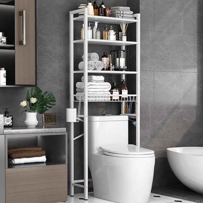 Kalrin Over-The-Toilet Storage Rack, 4-Tier Bathroom Organizer Shelf Over Toilet with Adjustable Shelf and Basket, Freestanding Space Saver Bathroom Shelves Above Toilet for Room (Pure White)