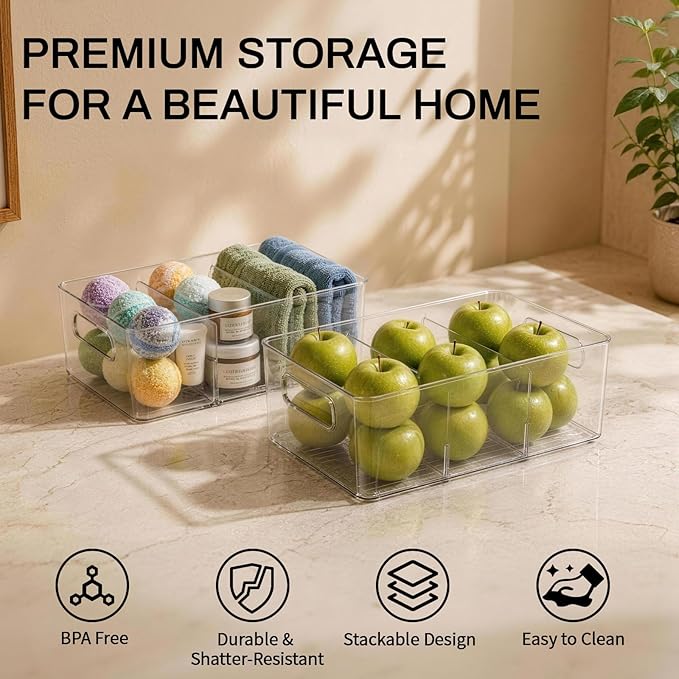 Mpotmiy 10 Pack Pantry Organizers and Storage,Clear Plastic Containers with 2 Dividers for Kitchen,Fridge Organization and Storage,Acrylic Bins for Pounches,Spice Packet,Snack organzier