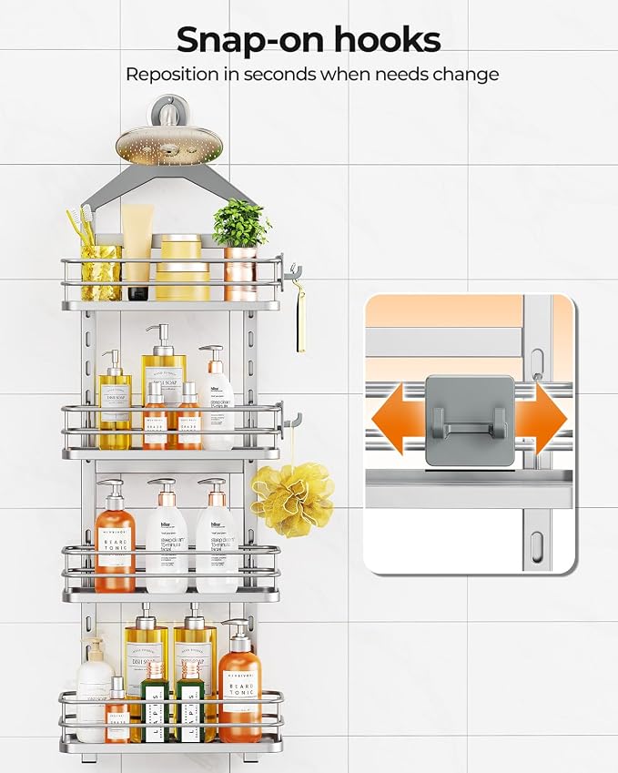 ODesign 4 Tier Adjustable Shower Caddy Hanging Over Showerhead Silver | Shower organizer hanging,no drilling required,comes with removable hook and storage box, suitable for indoor showers