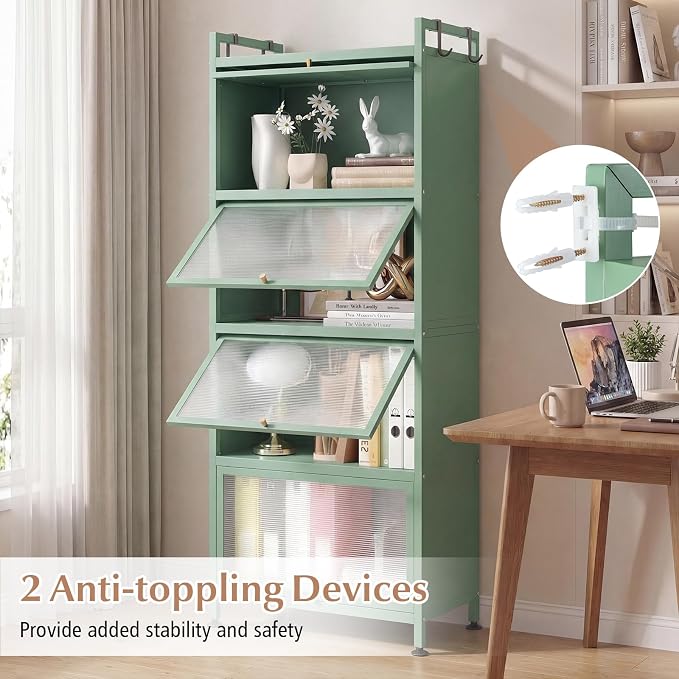 Giantex 5-Tier Kitchen Storage Cabinet, Freestanding Metal Pantry Cabinet w/ 4 Flip-up PC Doors, 4 Hooks & Adjustable Feet, 60” Tall Bakers Rack Microwave Stand for Dining Room, Living Room, Green