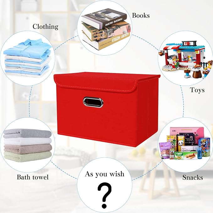 STOREONE Fabric Storage Cube Bins Foldable Organizer Container Collapsible Basket with Lids and Metal Handles, for Home, Bedroom, Closet 8 Pcs (Red)