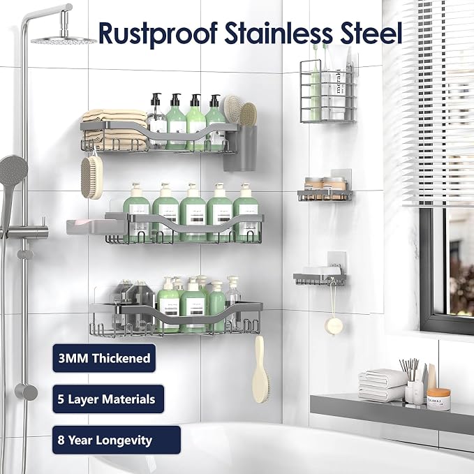 NESOMI Shower Caddy Adhesive Shower Organizer 8-Pack, Rustproof Stainless Steel Bathroom Shelves, Large Capacity No-Drill Rack Storage Accessories with Soap Dish Toothbrush Holder Hooks