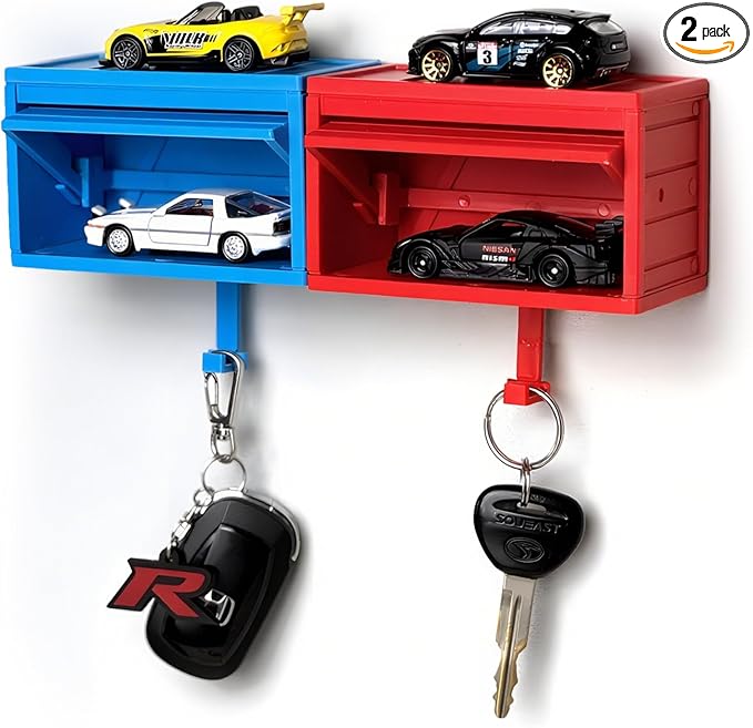 2 Pcs Car Garage Key Holder Car Key Holder for Wall 3D Easy Installation Keys Rack Wall-Mounted, Suitable for Cars Enthusiasts, Suitable for Entrances, Corridors, Front Doors (Red, Blue)