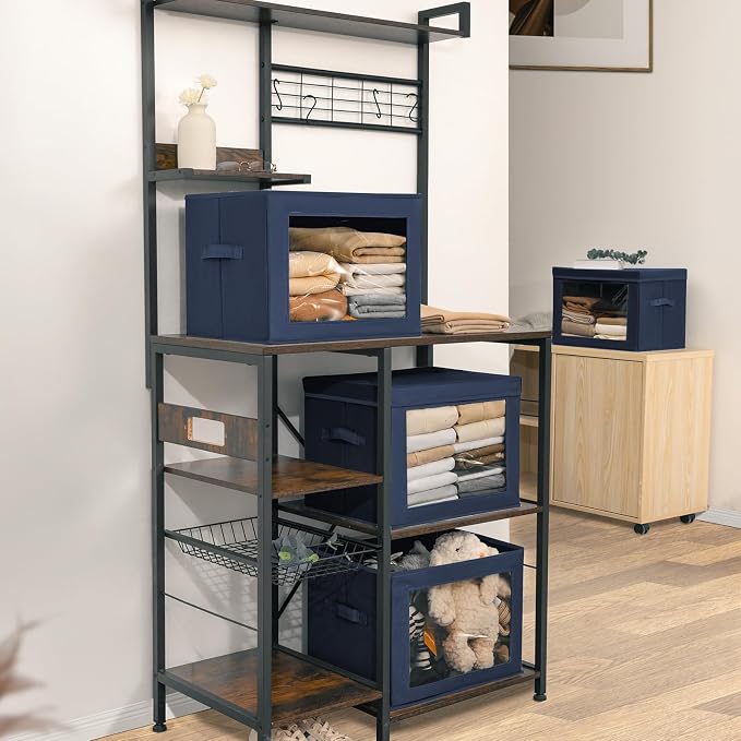 Homsorout Stackable Storage Bins with Lids - Large Storage Box with Lids, Foldable Closet Boxes for Organizing, Wardrobe Clothes Organizer with Window, Cubes Bins for Living Room, 4 Pack, Navy Blue
