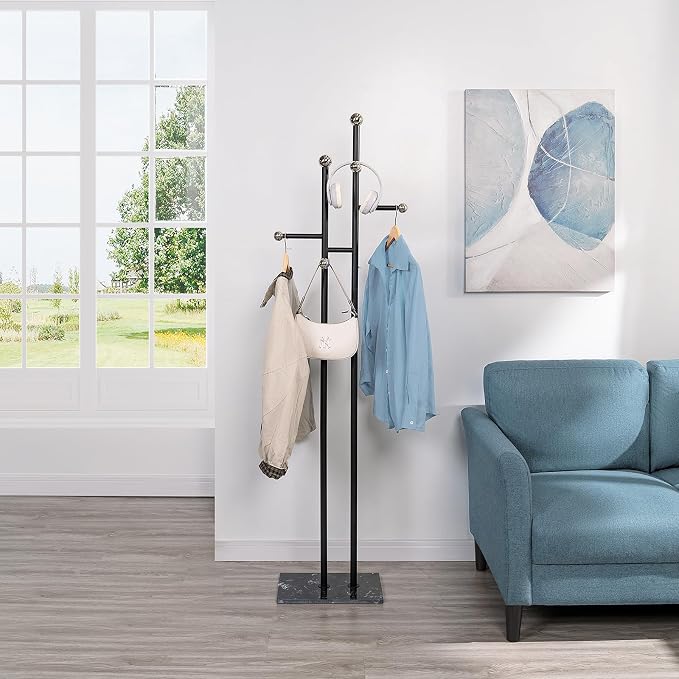 Metal Standing Coat Rack for Entryway Bedroom Living Room (Black) | Easy Assembly, Compact Footprint, Space Saver, Metal Frame, Marble Base, Sturdy, 8 Spherical Hooks, Office, Corner