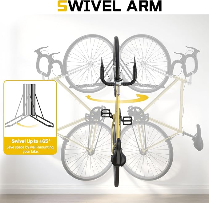 Swivel Bike Wall Mount 2 Pack, Bike Hanger for Garage, Bicycle Wall Rack for 18.5–22.4 in Wheels, Space -Saving Wall Bike Rack for Road, MTB & E-Bikes, Holds up to 77 lb