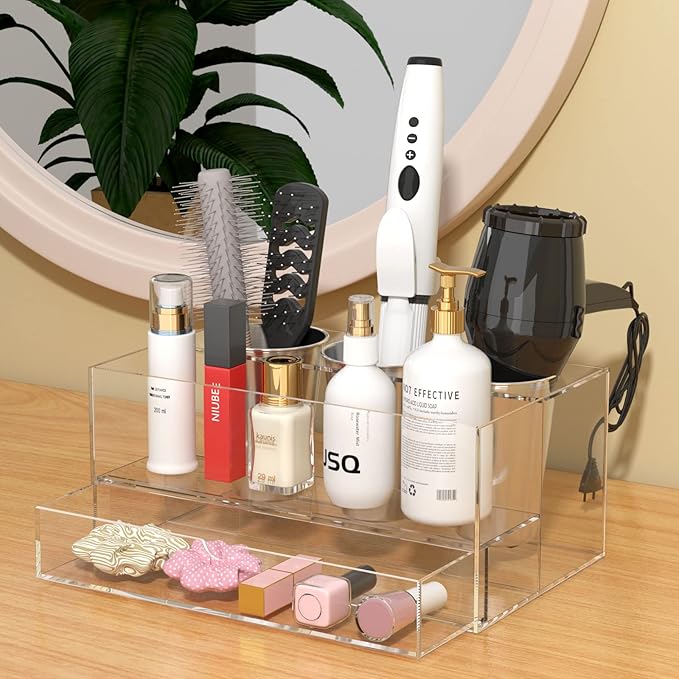 NIUBEE Acrylic Hair Tool Organizer with Drawer, Hair Dryer Holder Organizer | Clear, Hot Tools Organizer Countertop with 3 Cups, Hair Blow Dryer Storage for Curling Iron, Brush, Straightener, Bathroom