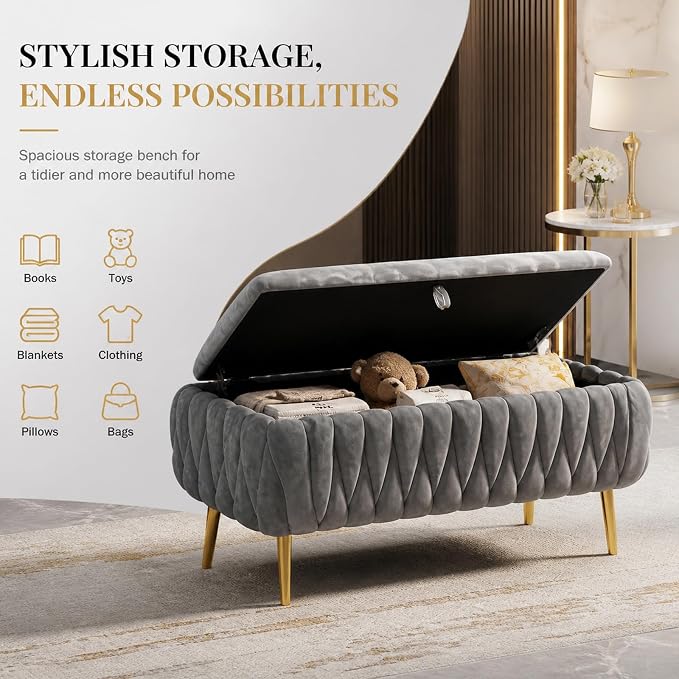 Bench for Entryway 41.3", Bedroom Benches for Foot of Bed, Ottoman with Storage for Bedroom, Upholstered Rectangular Ottoman for Living Room, Entryway, Holds up to 450 lb (Grey)