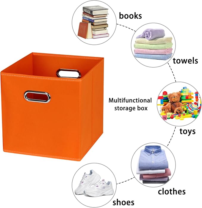 Fabric storage bins Cubes, Fabric Cube Organizer with Handle, Foldable Cube Bins for Cloth or Accessary Storage, 11x11x11, Set of 6, (Orange)