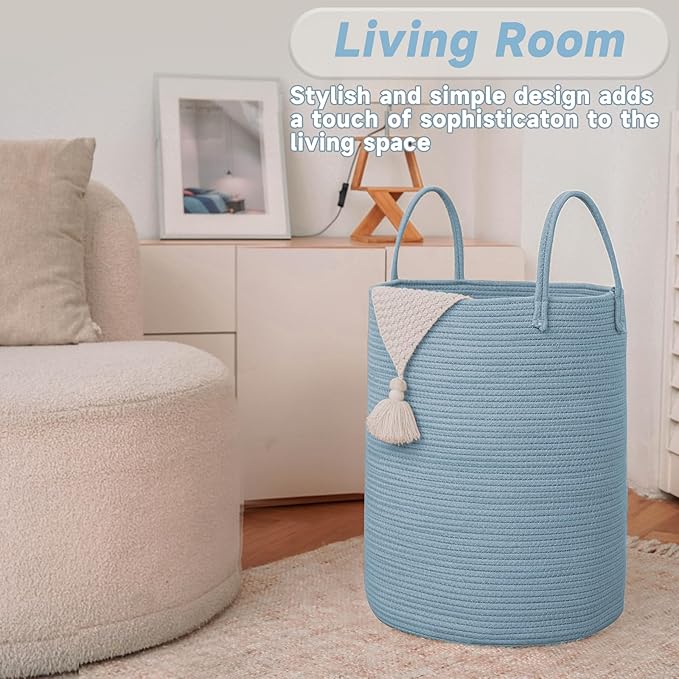 JMvicyroam 60L Cotton Rope Laundry Basket Hamper, Blue | Collapsible laundry basket, reinforced handles, freestanding, machine washable, holds 3-5 thick blankets, clothes or toys