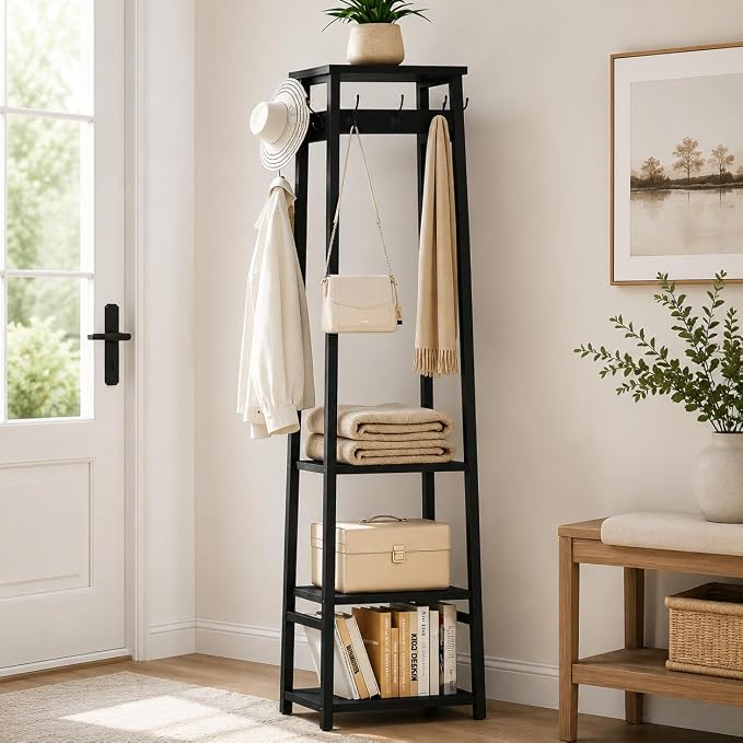 Coat Rack Freestanding with 3 Shelves and 7 Hooks | Coat Stand, Hall Tree Free Standing, Clothes Rack Stand Organizer, Industrial Style, Black